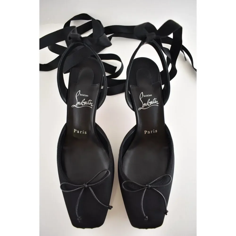 Christian Louboutin Cassia Lace Up 55 Black Tie Ballet Sandal Low Heel Pump 36